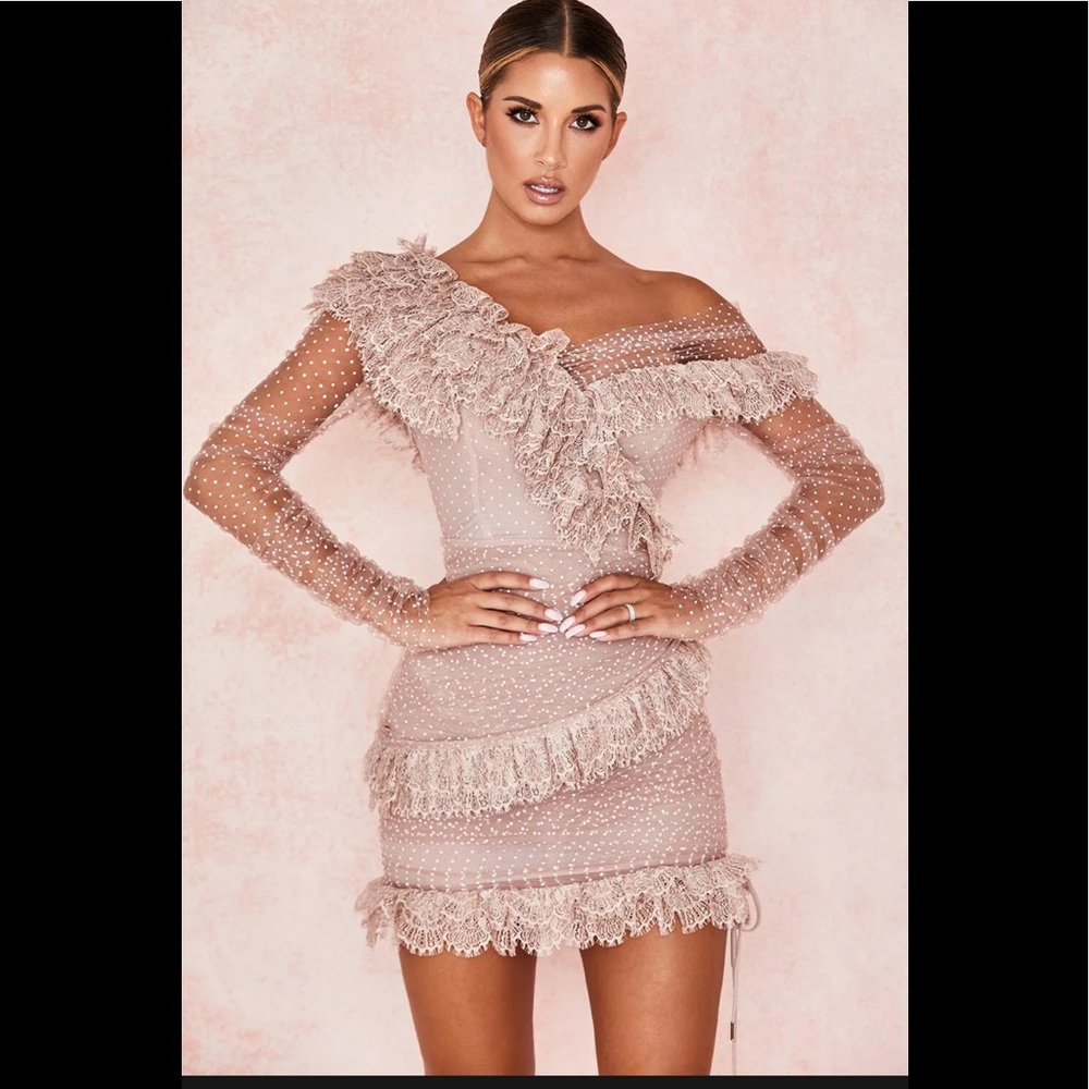 HOUSE OF CB 'Sorrel' Blush Lace Frill Mini Dress S